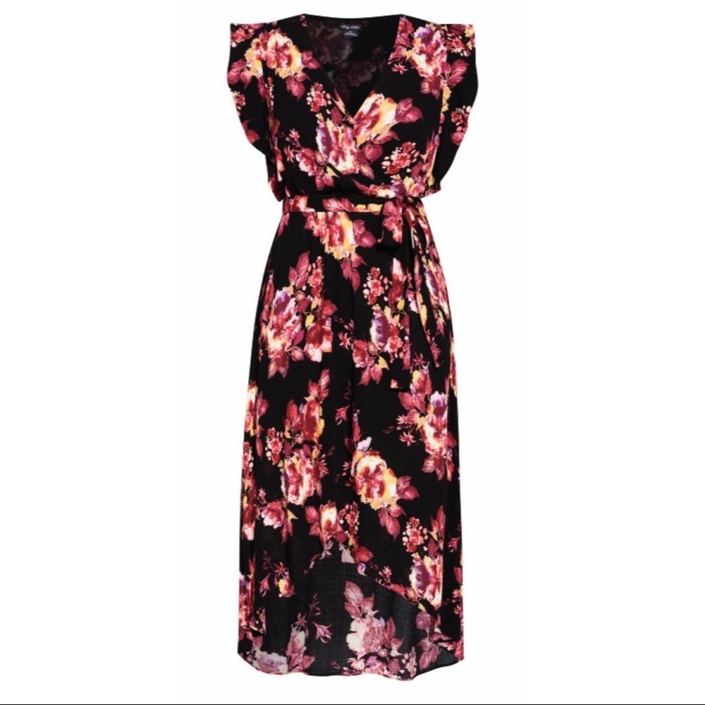 City Chic • 20/L • Monet Floral Print Faux Wrap Maxi Dress High Low - Picture 2 of 9